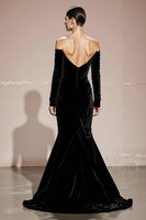 Load image into Gallery viewer, Black Velvet Off the Shoulder Backless Mermaid Long Sleeves Formal Dress