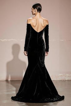 Black Velvet Off the Shoulder Backless Mermaid Long Sleeves Formal Dress