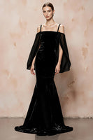Load image into Gallery viewer, Black Velvet Mermaid Cold Shoulder Long Formal Dress