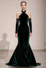 Load image into Gallery viewer, Dark Green Velvet Halter Mermaid Backless Long Formal Dress