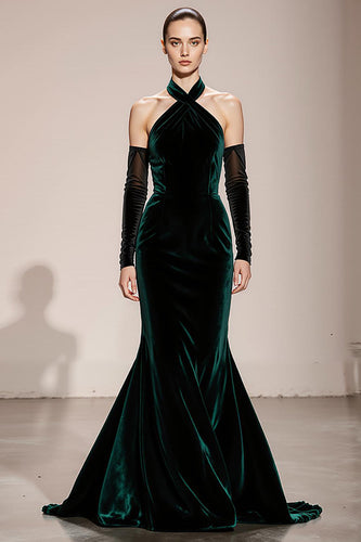 Dark Green Velvet Halter Mermaid Backless Long Formal Dress