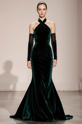 Dark Green Velvet Halter Mermaid Backless Long Formal Dress