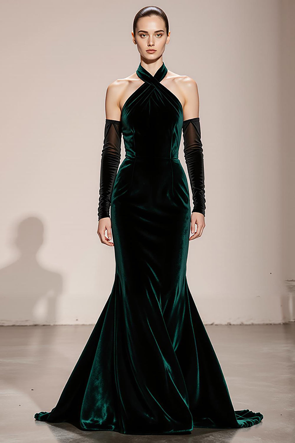 Dark Green Velvet Halter Mermaid Backless Long Formal Dress