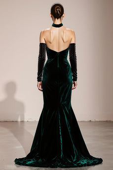 Dark Green Velvet Halter Mermaid Backless Long Formal Dress