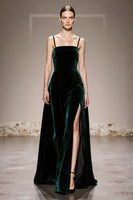Load image into Gallery viewer, Dark Green Spaghetti Straps Velvet Backless Long Formal Dress with Slit