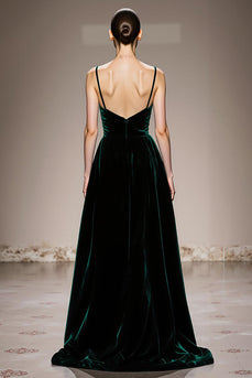 Dark Green Spaghetti Straps Velvet Backless Long Formal Dress with Slit