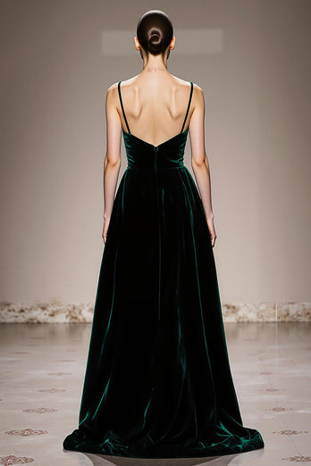 Dark Green Spaghetti Straps Velvet Backless Long Formal Dress with Slit