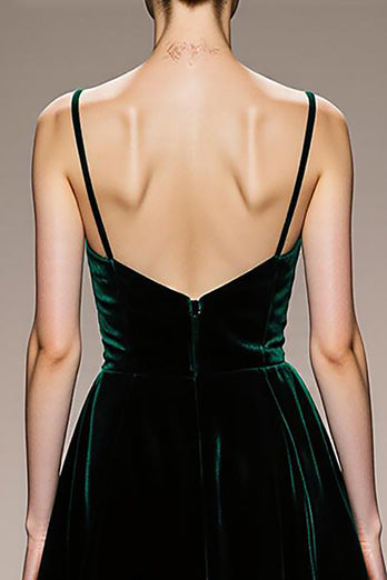 Dark Green Spaghetti Straps Velvet Backless Long Formal Dress with Slit