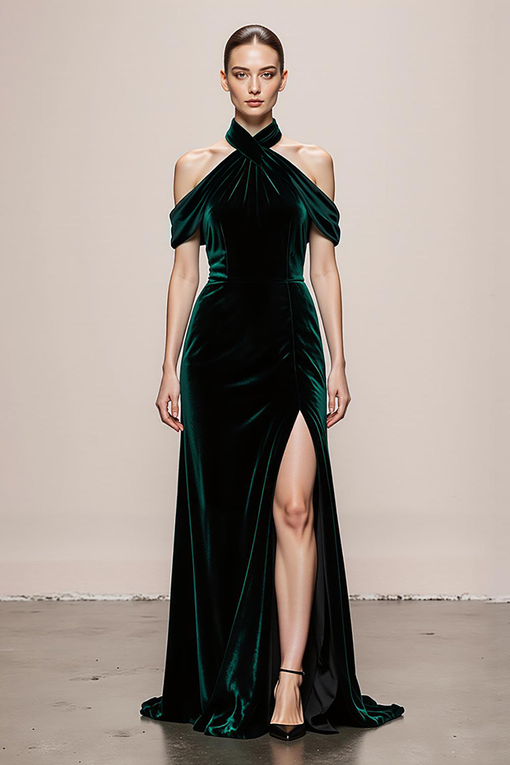 Simple Dark Green Halter Velvet Long Formal Dress with Slit