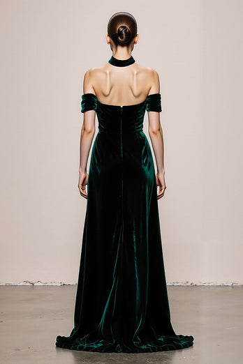 Simple Dark Green Halter Velvet Long Formal Dress with Slit