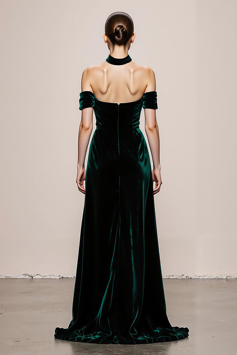 Load image into Gallery viewer, Simple Dark Green Halter Velvet Long Formal Dress with Slit