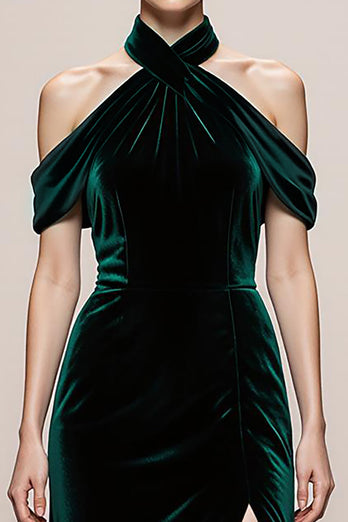 Simple Dark Green Halter Velvet Long Formal Dress with Slit