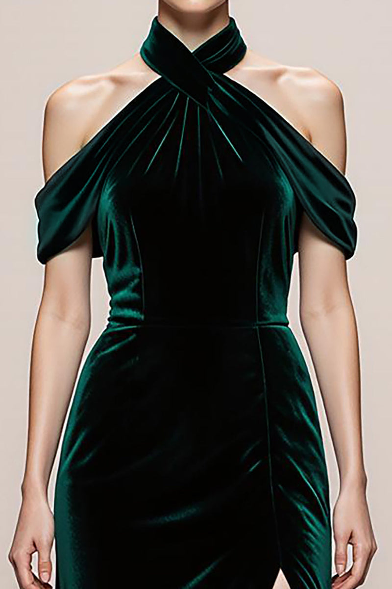 Load image into Gallery viewer, Simple Dark Green Halter Velvet Long Formal Dress with Slit