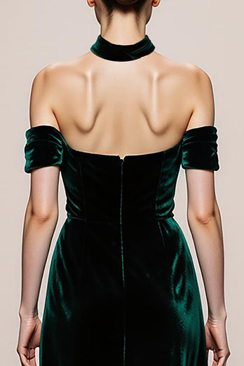 Simple Dark Green Halter Velvet Long Formal Dress with Slit