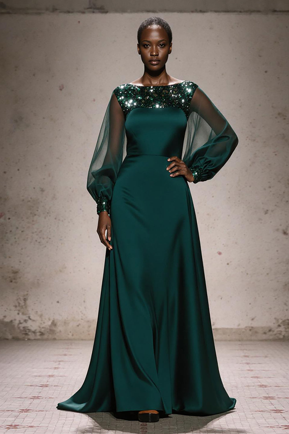 Sparkly Dark Green Satin A Line Boat Neck Long Sleeves Formal Dress with Beading