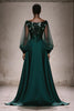 Load image into Gallery viewer, Sparkly Dark Green Satin A Line Boat Neck Long Sleeves Formal Dress with Beading