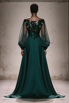 Sparkly Dark Green Satin A Line Boat Neck Long Sleeves Formal Dress with Beading