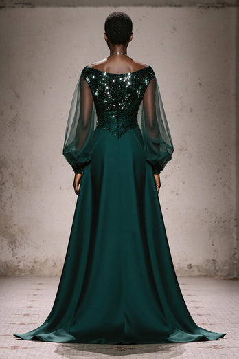 Sparkly Dark Green Satin A Line Boat Neck Long Sleeves Formal Dress with Beading