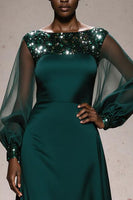 Load image into Gallery viewer, Sparkly Dark Green Satin A Line Boat Neck Long Sleeves Formal Dress with Beading