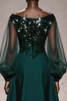 Load image into Gallery viewer, Sparkly Dark Green Satin A Line Boat Neck Long Sleeves Formal Dress with Beading