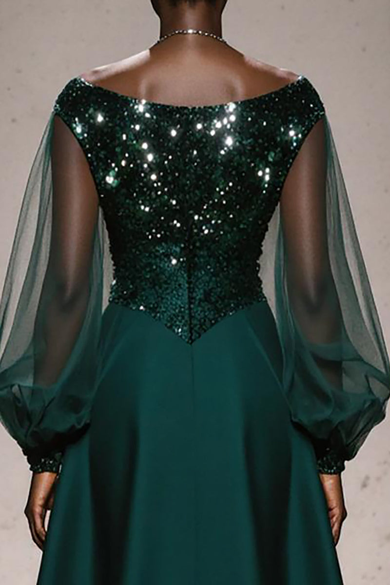 Load image into Gallery viewer, Sparkly Dark Green Satin A Line Boat Neck Long Sleeves Formal Dress with Beading