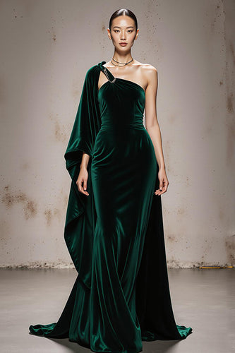 Dark Green Mermaid Ruched Velvet Long Formal Dress with Side Cape