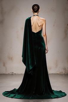 Dark Green Mermaid Ruched Velvet Long Formal Dress with Side Cape