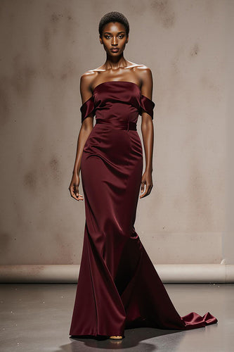 Burgundy Mermaid Off the Shoulder Satin Long Formal Dress