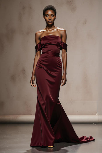 Burgundy Mermaid Off the Shoulder Satin Long Formal Dress