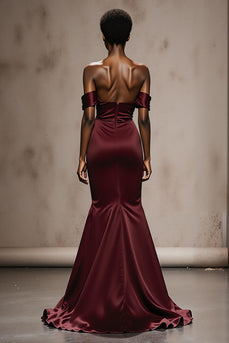 Burgundy Mermaid Off the Shoulder Satin Long Formal Dress
