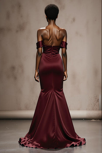 Burgundy Mermaid Off the Shoulder Satin Long Formal Dress