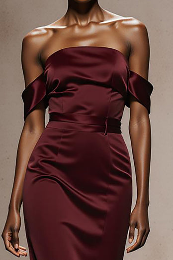 Burgundy Mermaid Off the Shoulder Satin Long Formal Dress