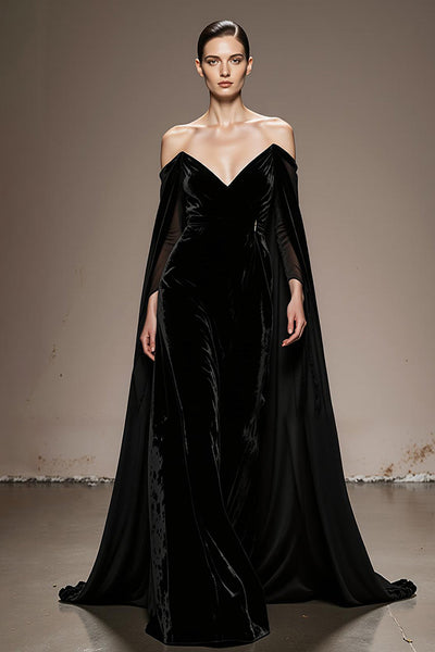 Black Velvet Off the Shoulder Long Formal Dress with Cape