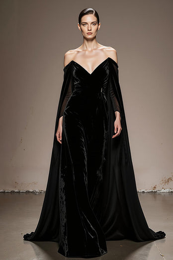 Black Velvet Off the Shoulder Long Formal Dress with Cape