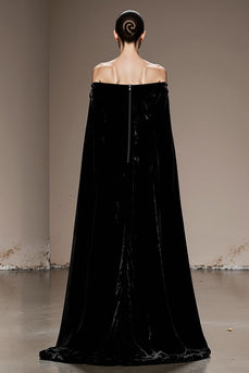Black Velvet Off the Shoulder Long Formal Dress with Cape