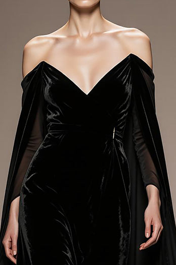 Black Velvet Off the Shoulder Long Formal Dress with Cape