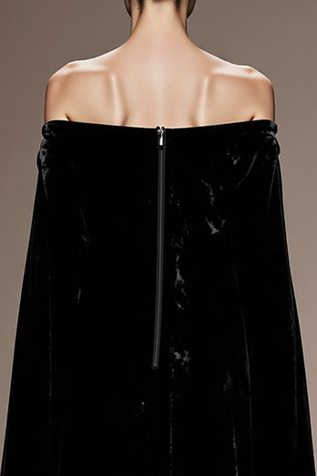 Black Velvet Off the Shoulder Long Formal Dress with Cape