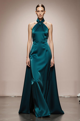 Dark Green Halter A Line Satin Backless Long Formal Dress