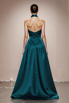 Dark Green Halter A Line Satin Backless Long Formal Dress
