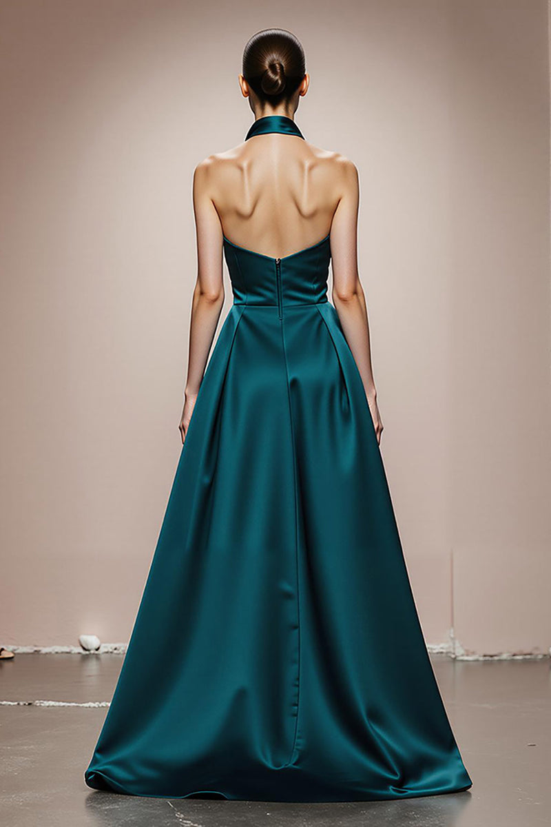 Load image into Gallery viewer, Dark Green Halter A Line Satin Backless Long Formal Dress