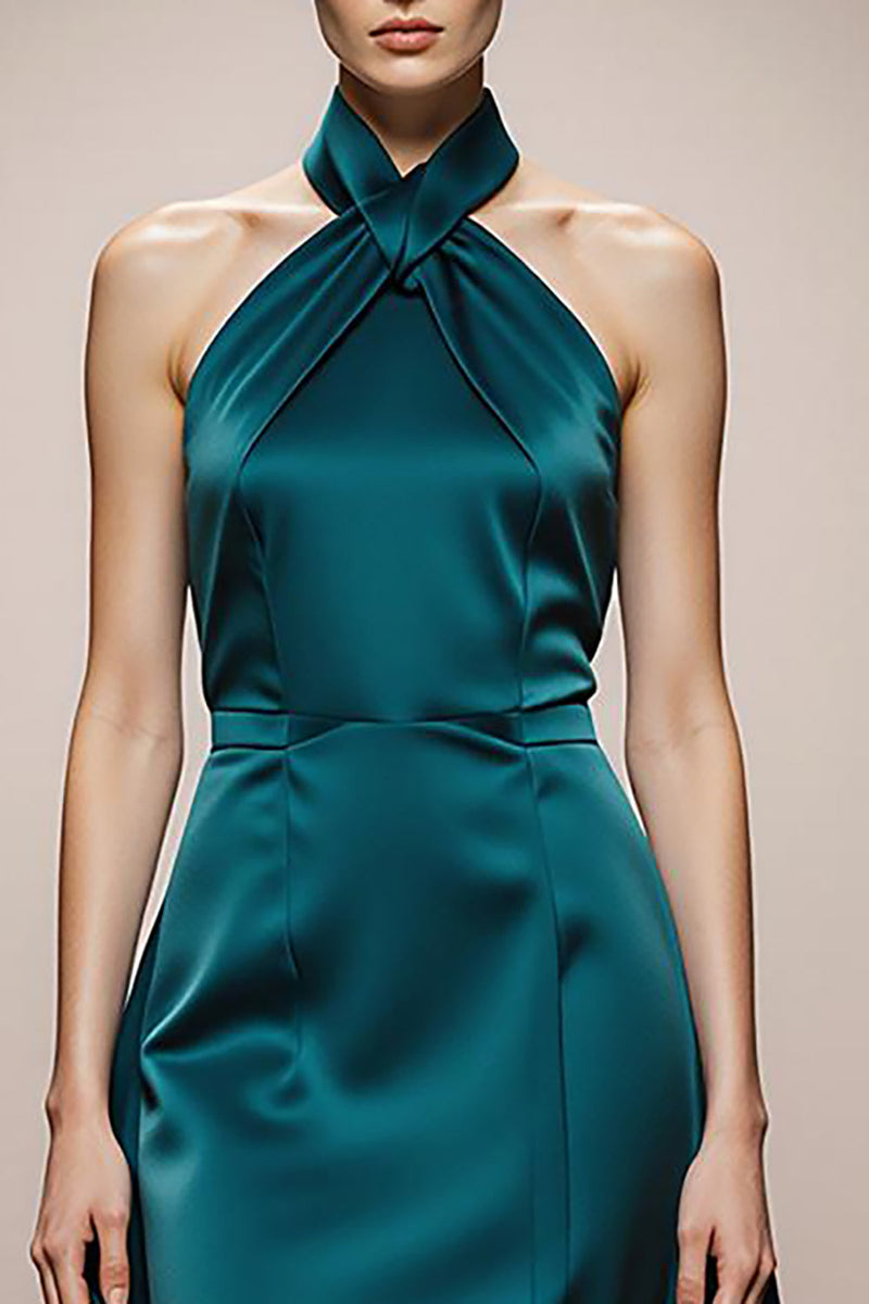 Load image into Gallery viewer, Dark Green Halter A Line Satin Backless Long Formal Dress