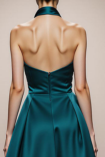 Dark Green Halter A Line Satin Backless Long Formal Dress