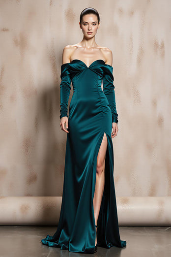 Dark Green Satin Off the Shoulder Long Sleeves Formal Dress with Slit