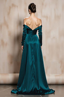 Load image into Gallery viewer, Dark Green Satin Off the Shoulder Long Sleeves Formal Dress with Slit
