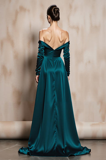 Dark Green Satin Off the Shoulder Long Sleeves Formal Dress with Slit