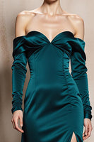 Load image into Gallery viewer, Dark Green Satin Off the Shoulder Long Sleeves Formal Dress with Slit