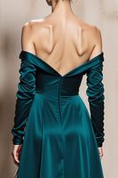 Load image into Gallery viewer, Dark Green Satin Off the Shoulder Long Sleeves Formal Dress with Slit
