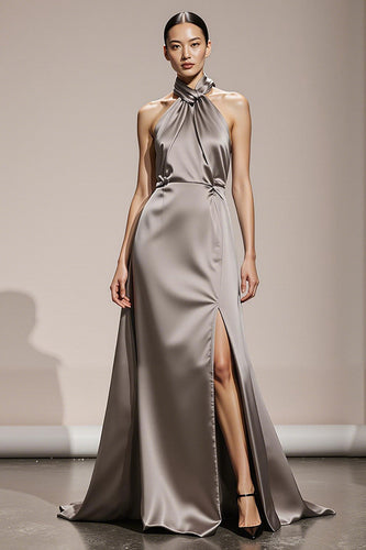 Simple Silver Satin Halter Backless Long Formal Dress with Slit