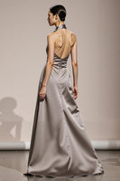Load image into Gallery viewer, Simple Silver Satin Halter Backless Long Formal Dress with Slit