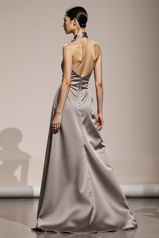 Simple Silver Satin Halter Backless Long Formal Dress with Slit